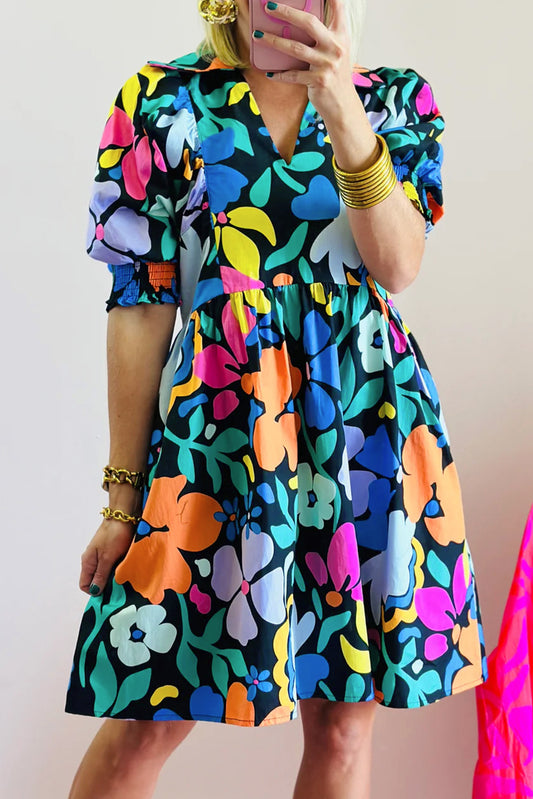 Blue Collared Split Neck Floral Flared Dress