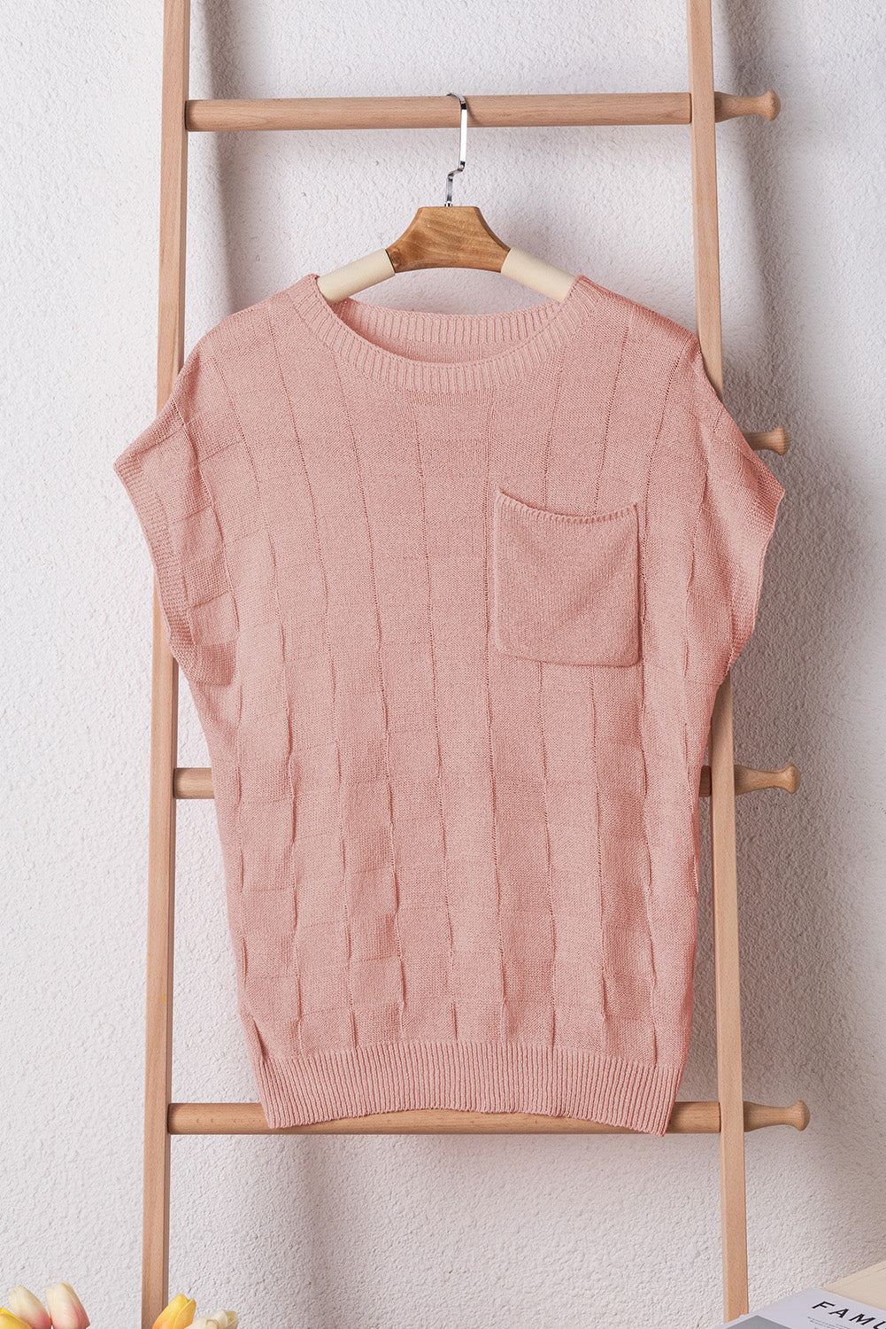 Lattice Textured Knit Short Sleeve Sweater