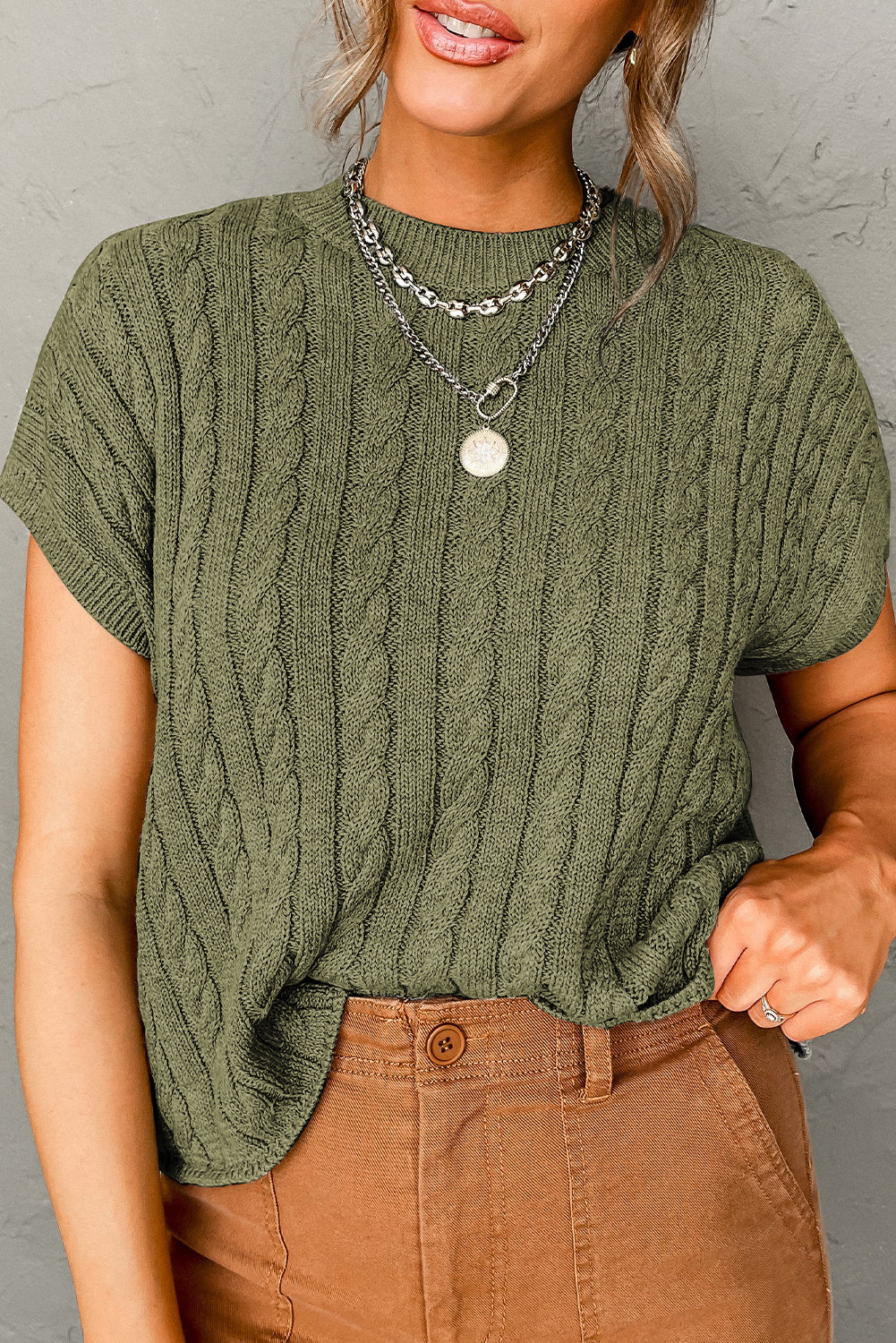Chestnut Crew Neck Cable Knit Short Sleeve Sweater
