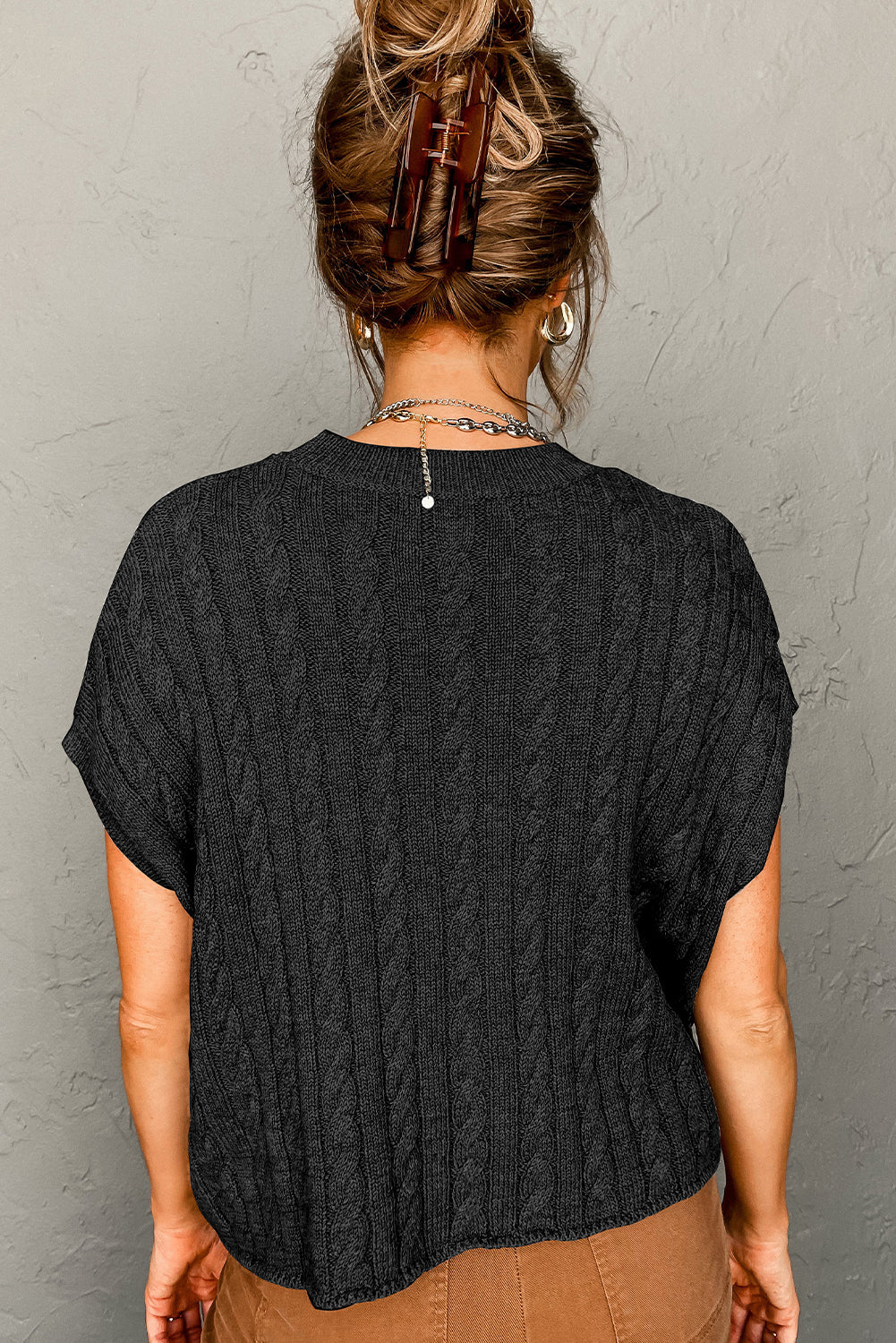 Chestnut Crew Neck Cable Knit Short Sleeve Sweater