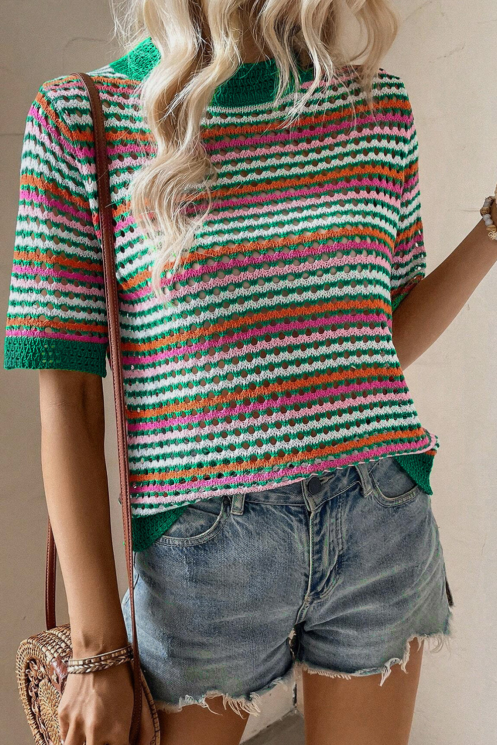 Striped Trim Pointelle Knit T Shirt