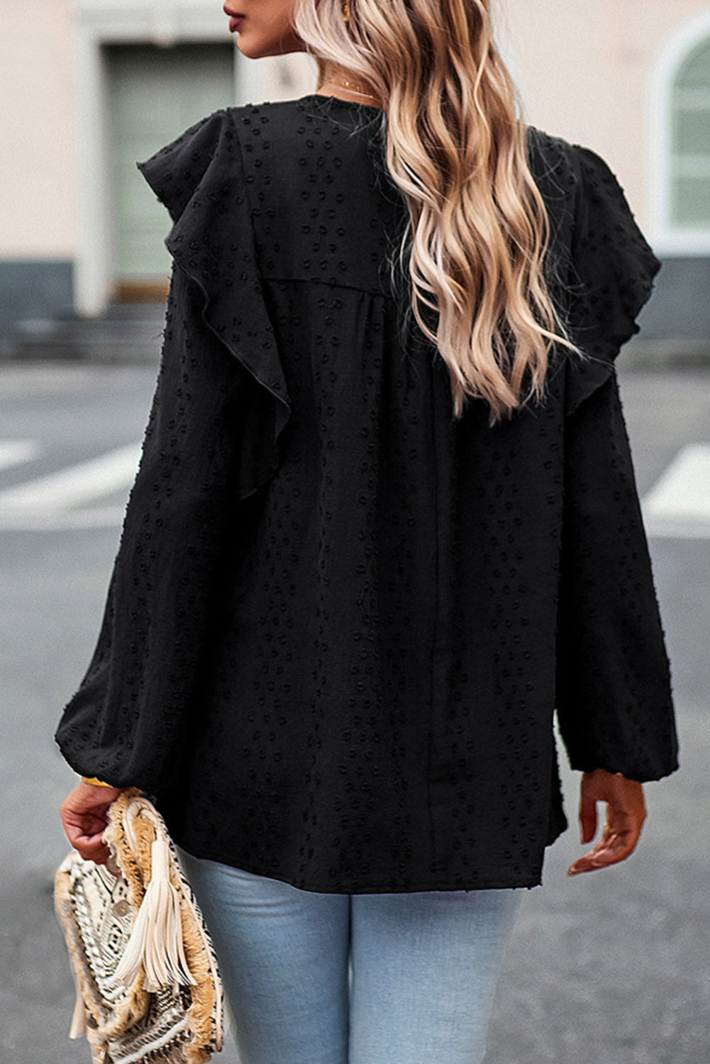 Lace Eyelet Ruffle Long Sleeve Blouse