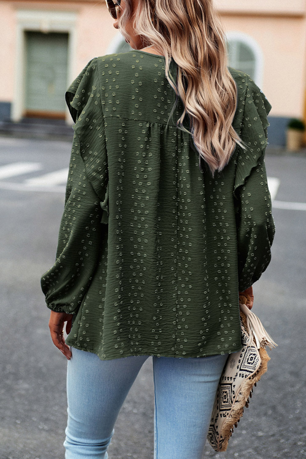 Lace Eyelet Ruffle Long Sleeve Blouse