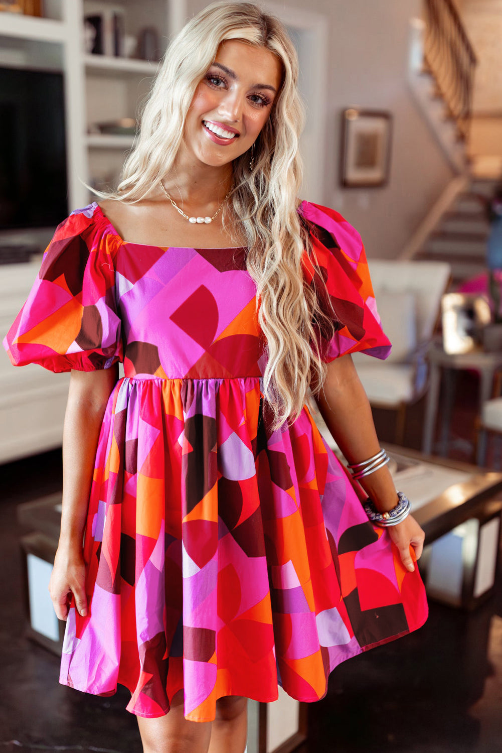 Abstract Print Square Neck Puff Sleeve Dress