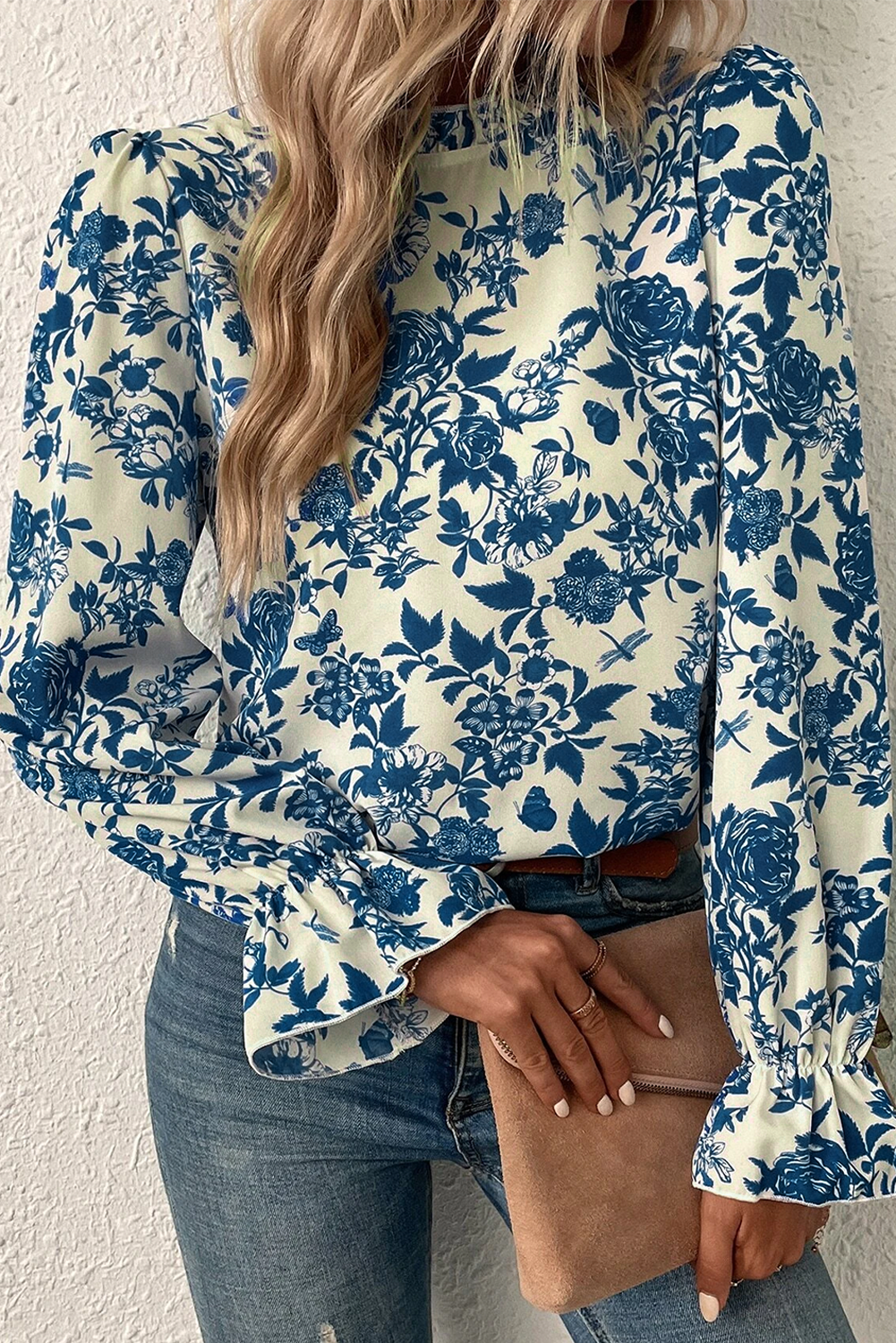 Sky Blue Floral Print Flounce Sleeve Blouse