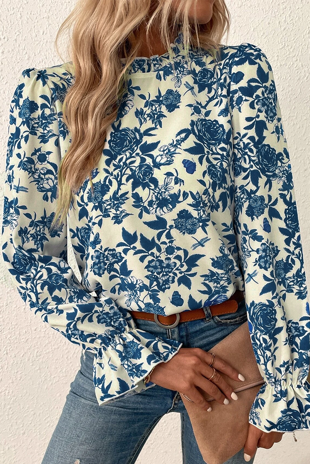 Sky Blue Floral Print Flounce Sleeve Blouse