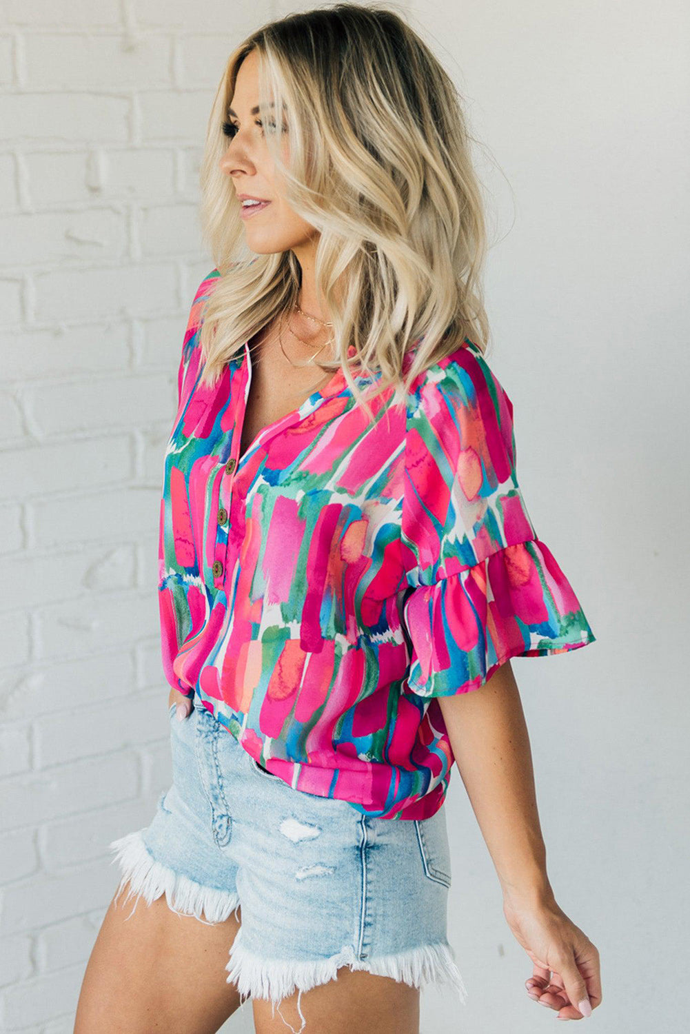 Brushwork Print Buttoned V Neck Blouse