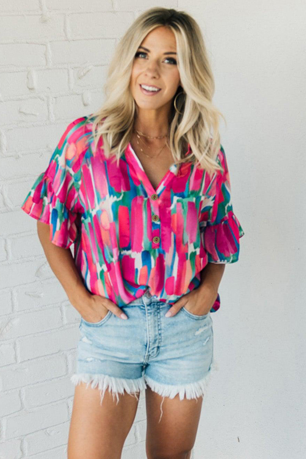 Brushwork Print Buttoned V Neck Blouse