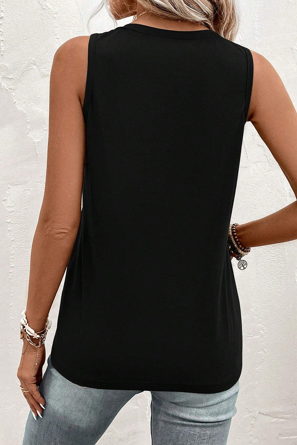 Half Button V Neck Patched Pocket Tank Top