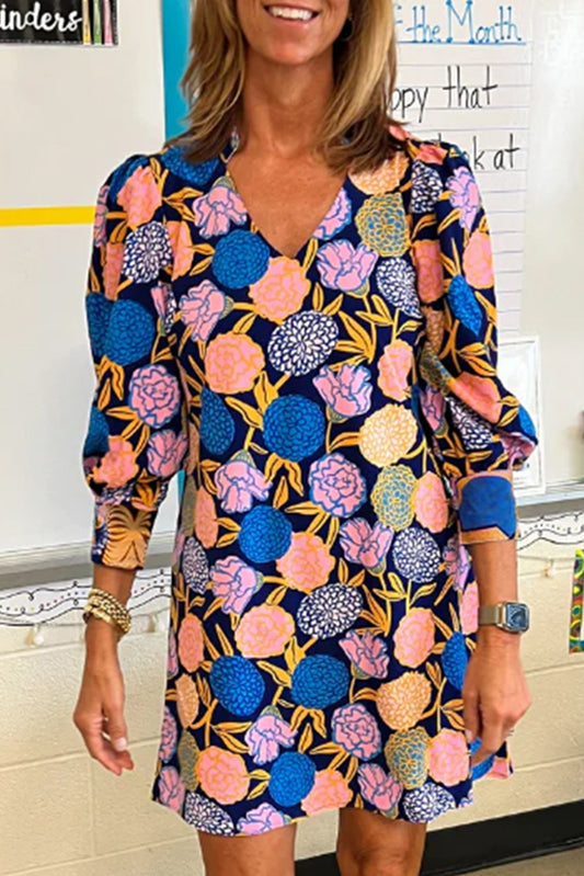 Navy Blue Hydrangea Floral Print Shift Dress