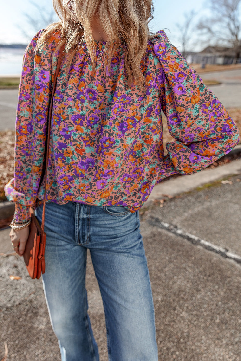 Purple Floral Cuff Frilled Neck Blouse