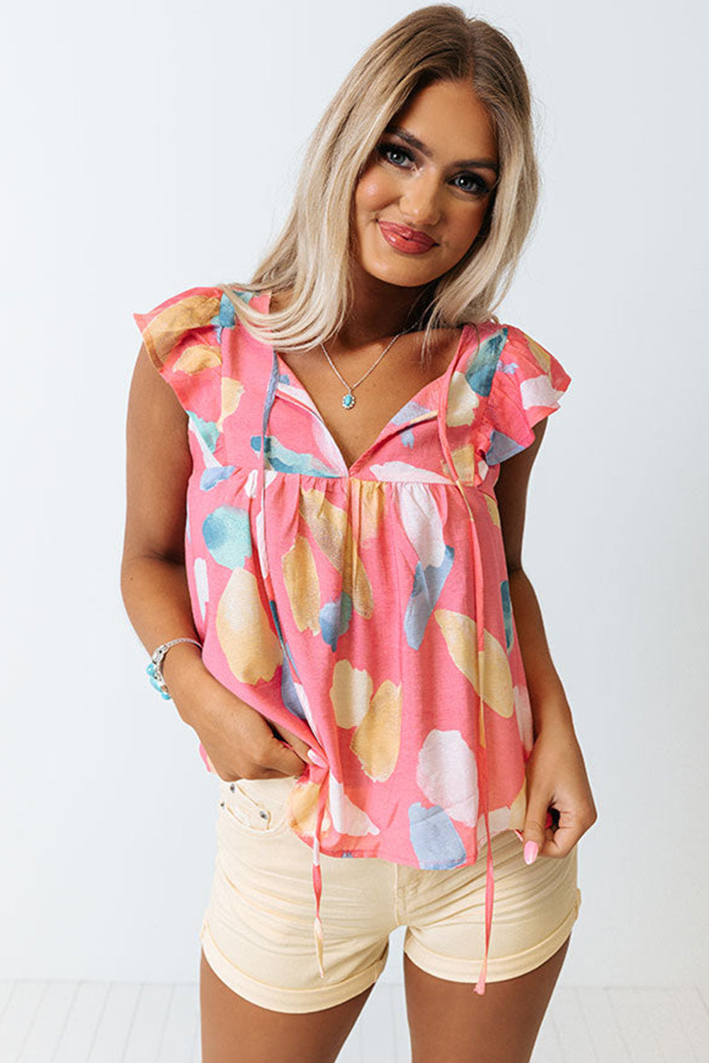 Watercolor Ruffled Cap Sleeve Shift Top