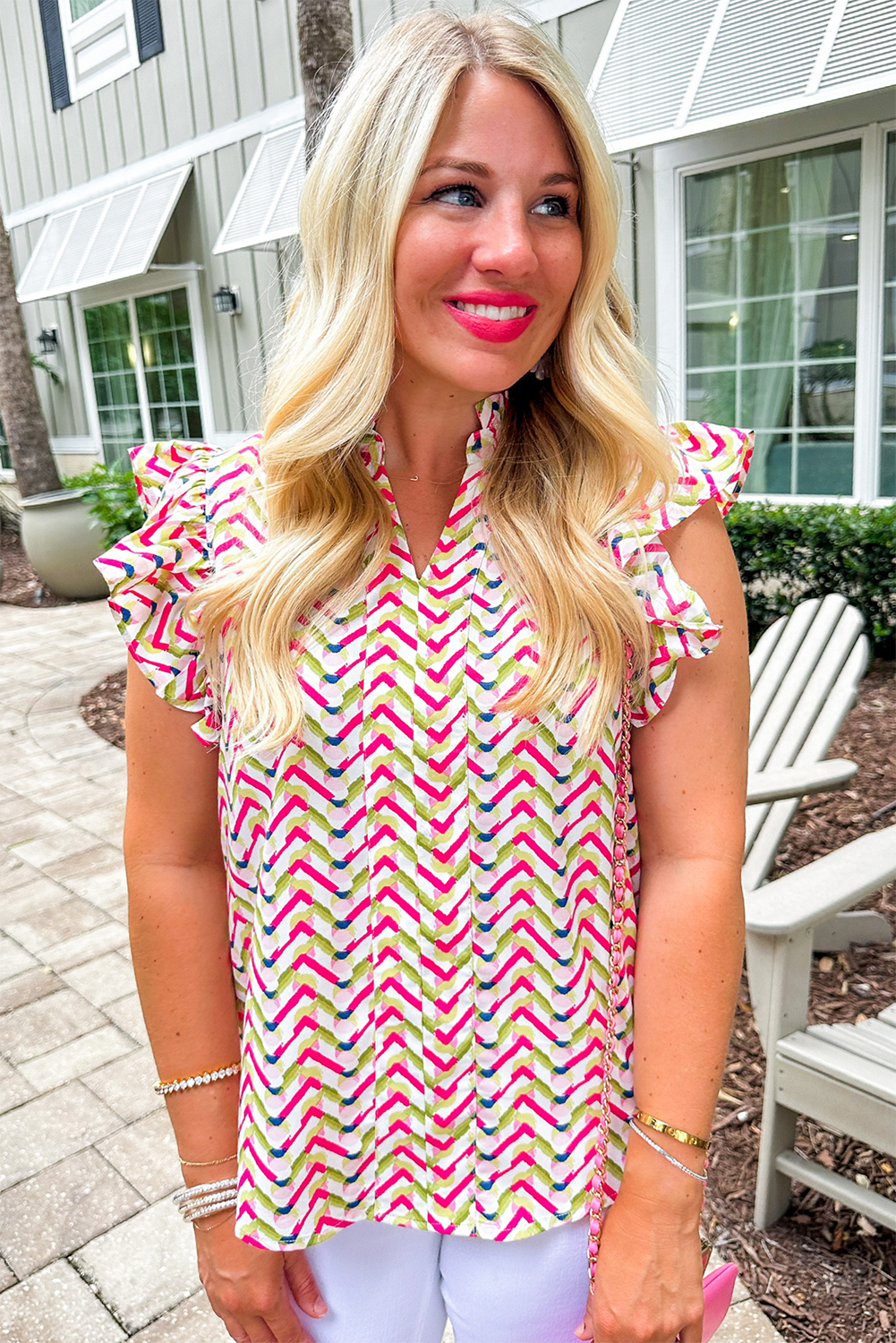 Chevron Print Ruffled Sleeve Blouse