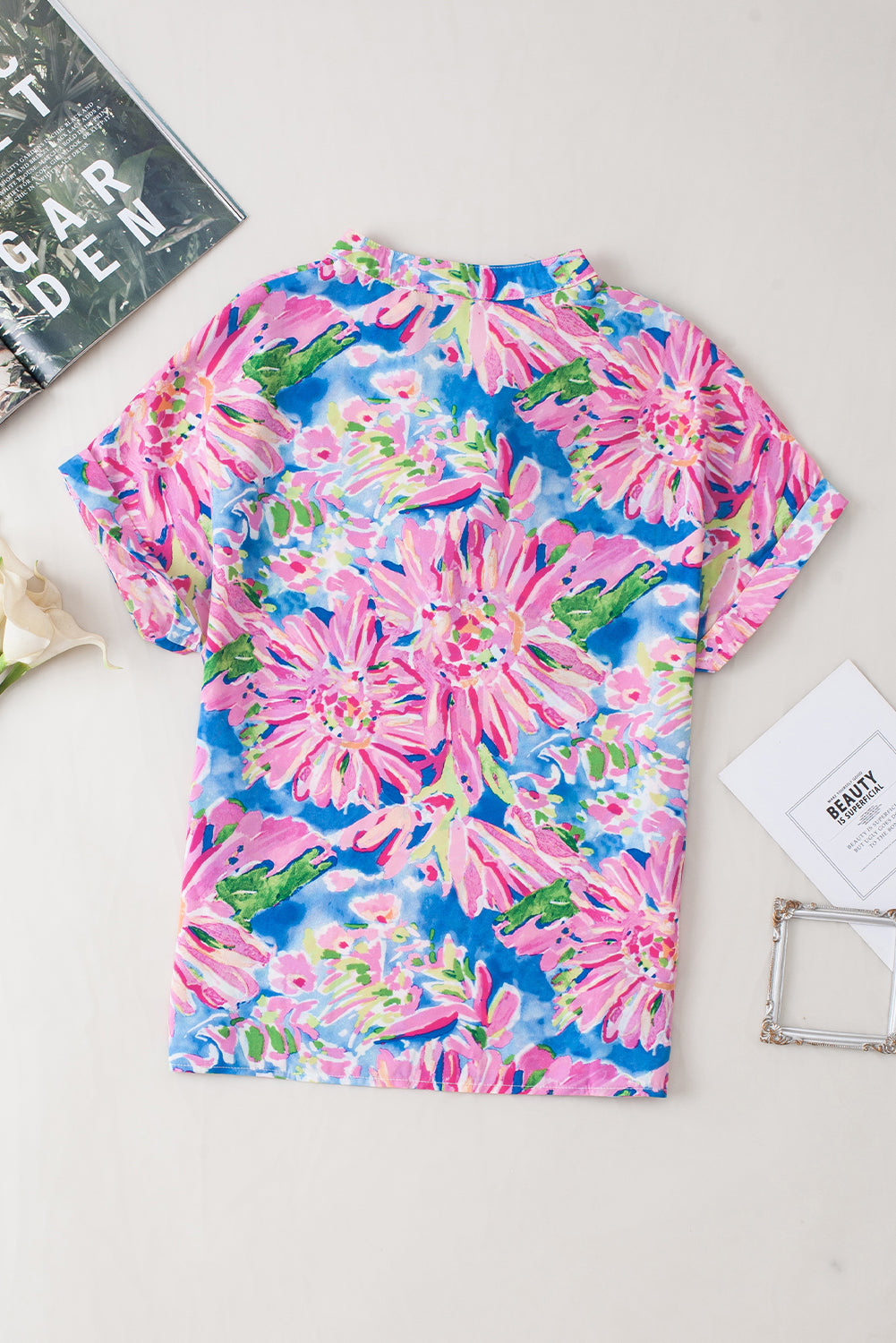 Floral Print Notch V Neck Rolled Short Sleeve Blouse