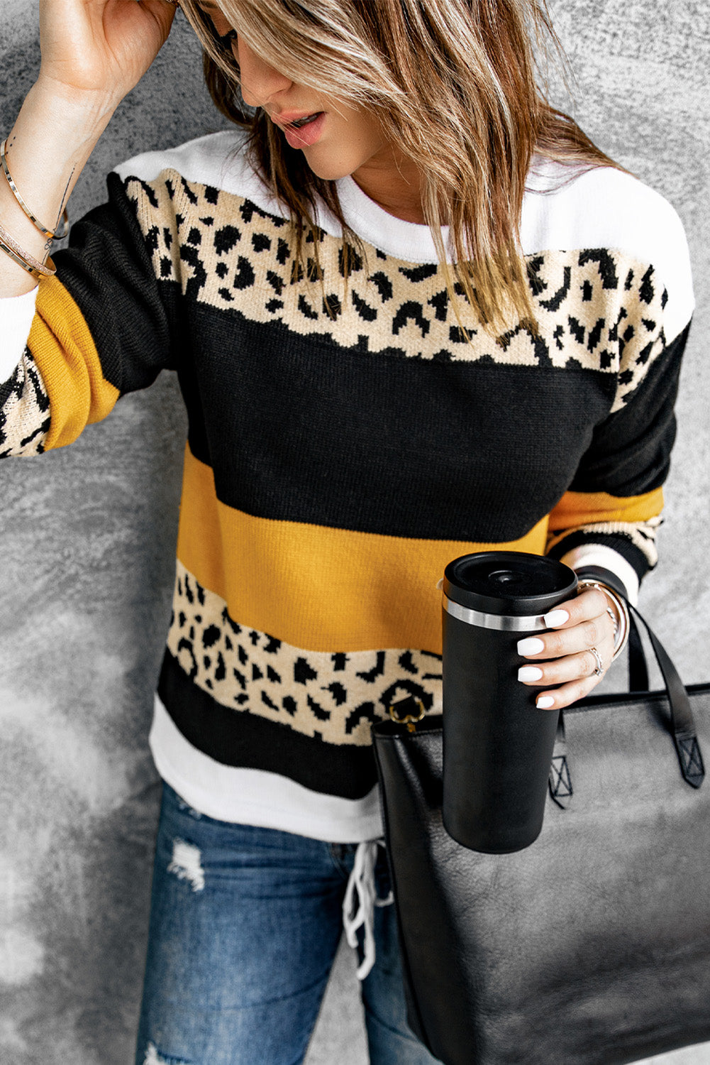 Leopard Color Block Knit Pullover Sweater