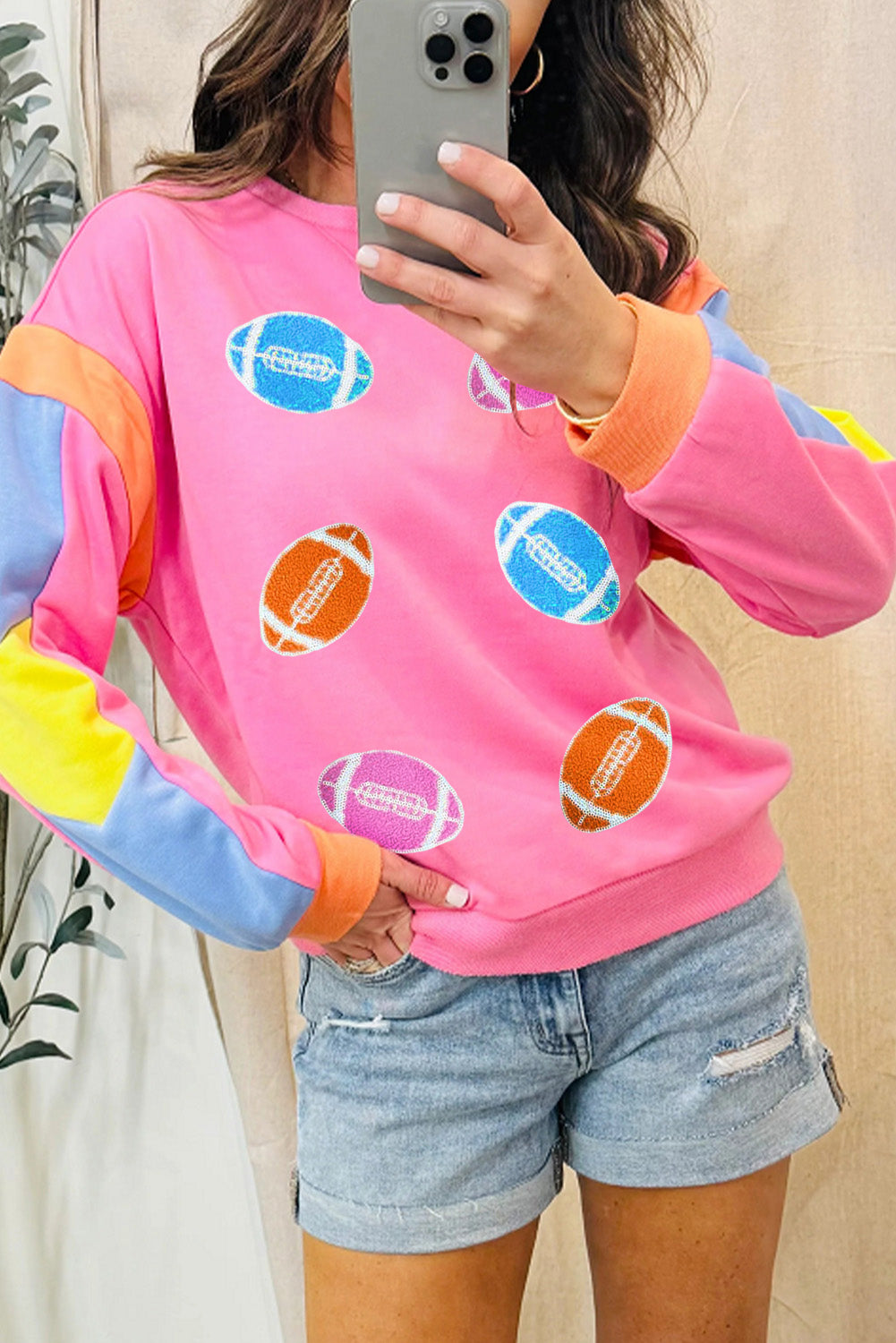 Pink Football Patchwork Color Block T Shirt