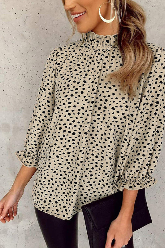 Khaki Frilled Neck 3/4 Sleeves Cheetah Blouse