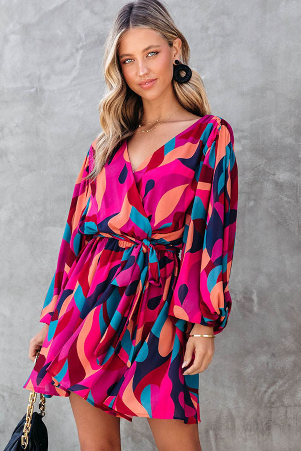 Abstract Printed Belted Puff Sleeve Mini Dress