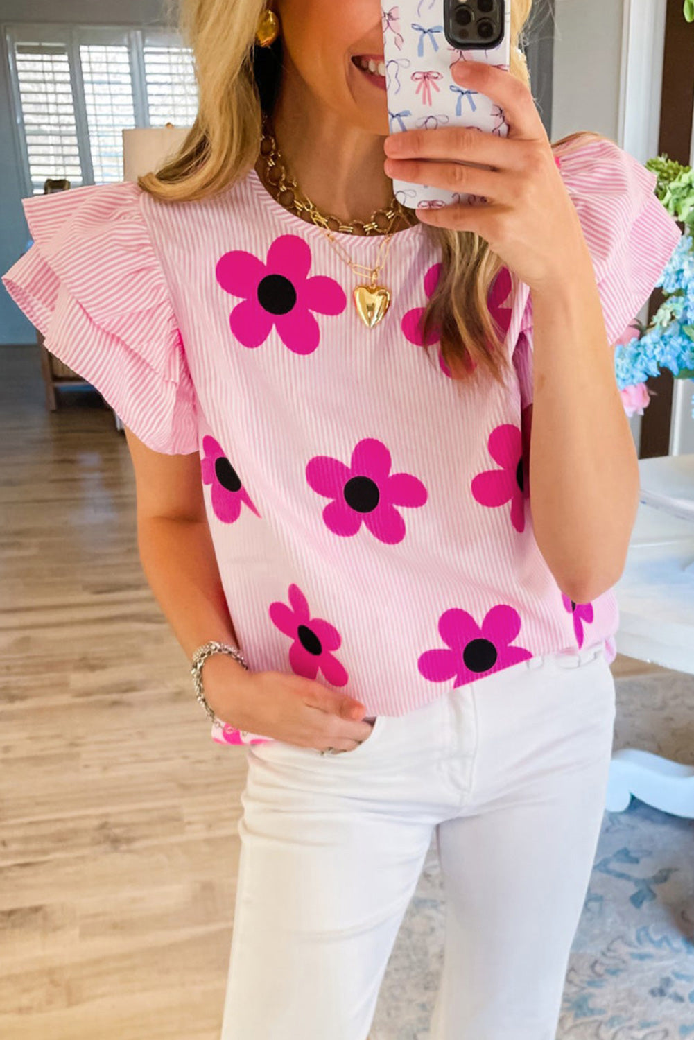 Pink Pinstripe Floral Print Ruffled Flutter Sleeve Blouse