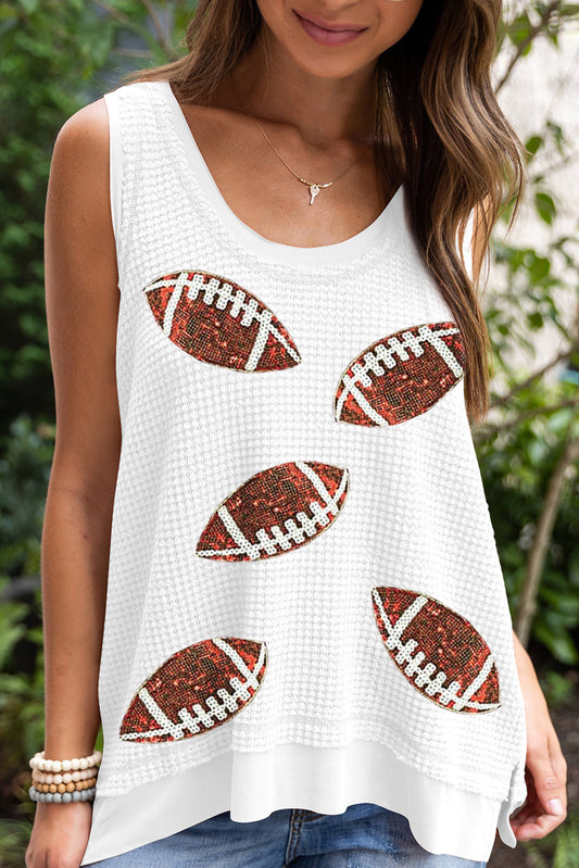 White Sequin Football Waffle Knit Tank