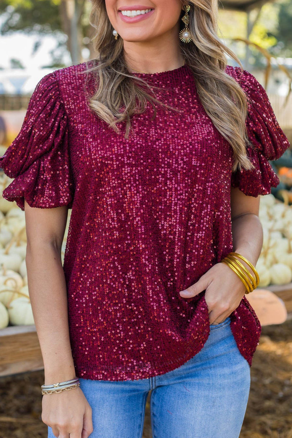 Sequin Short Bubble Sleeve Blouse