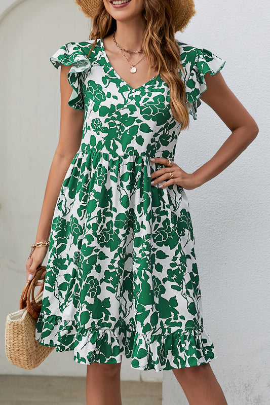 Green Leaf Print V Neck Flutter Sleeve Dress