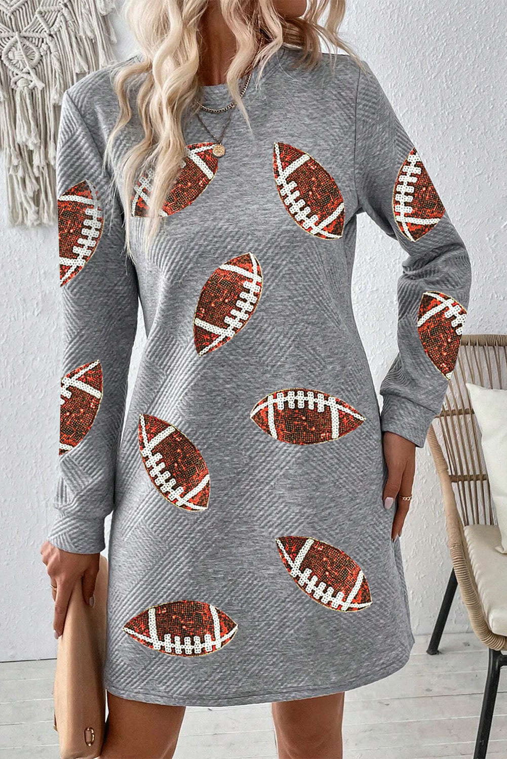 Gray Sequin Football Long Sleeve Shift Mini Dress