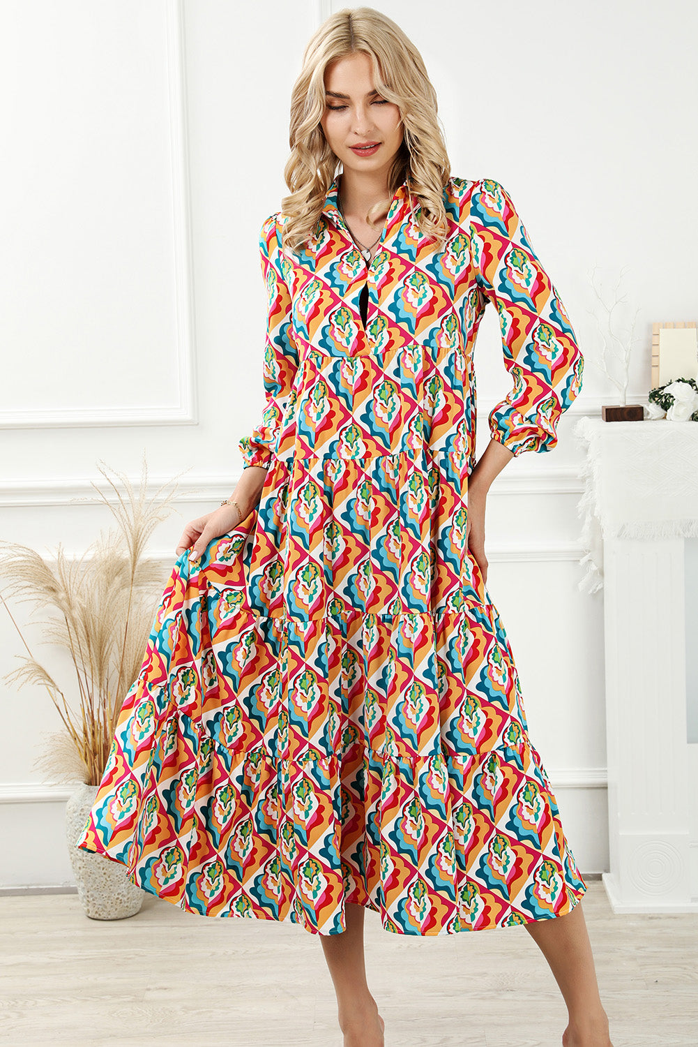 Geometric Print Long Sleeve High Waist Dress