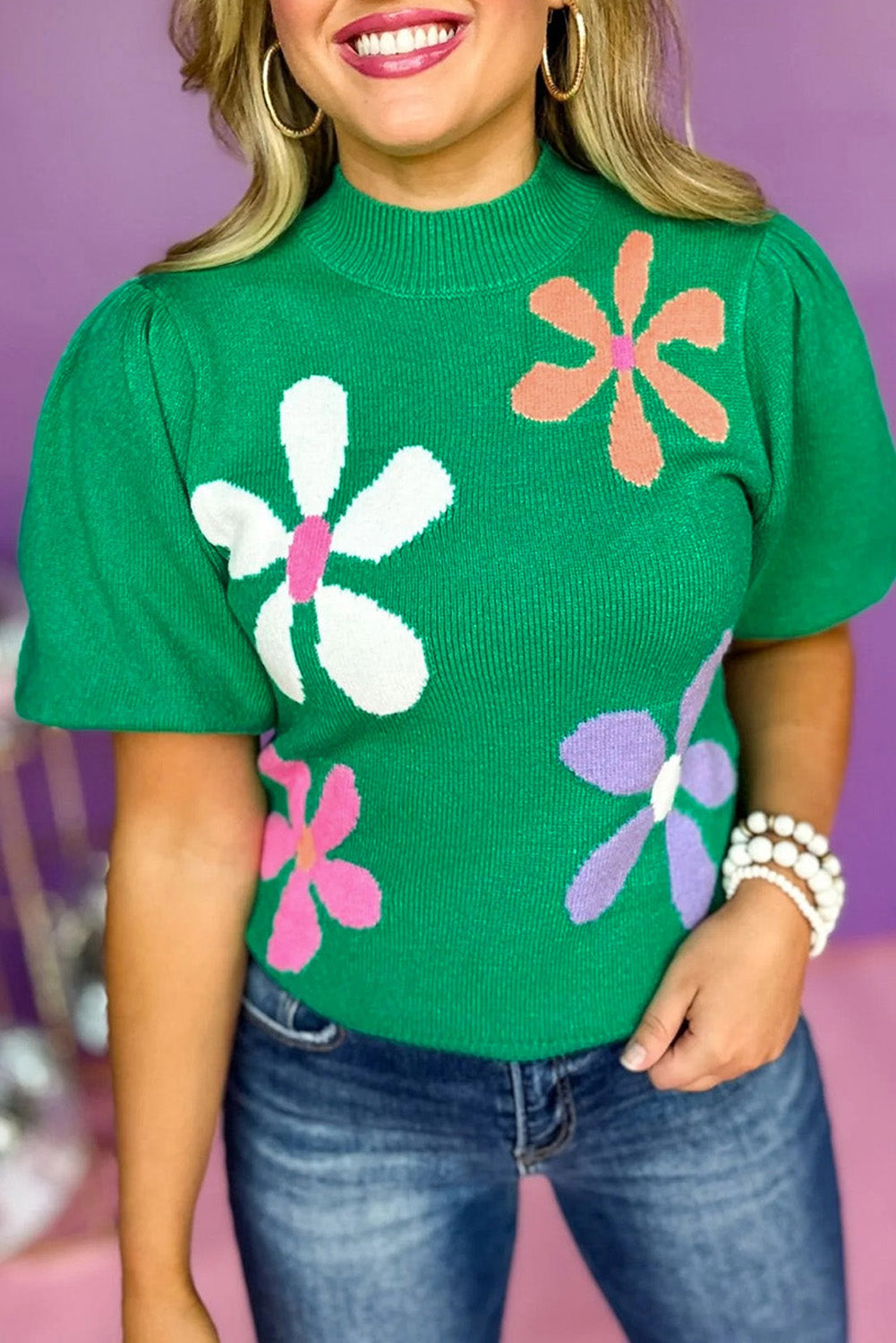 Bright Pink Floral Bubble Short Sleeve Sweater