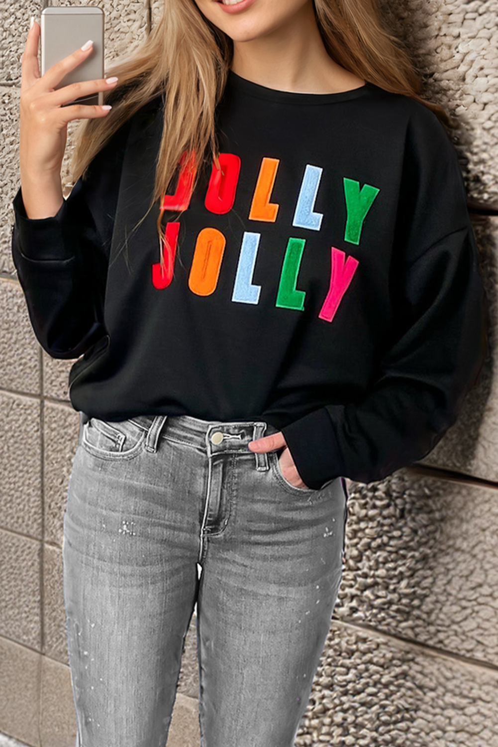 Black Chenille Holly Jolly Graphic Top