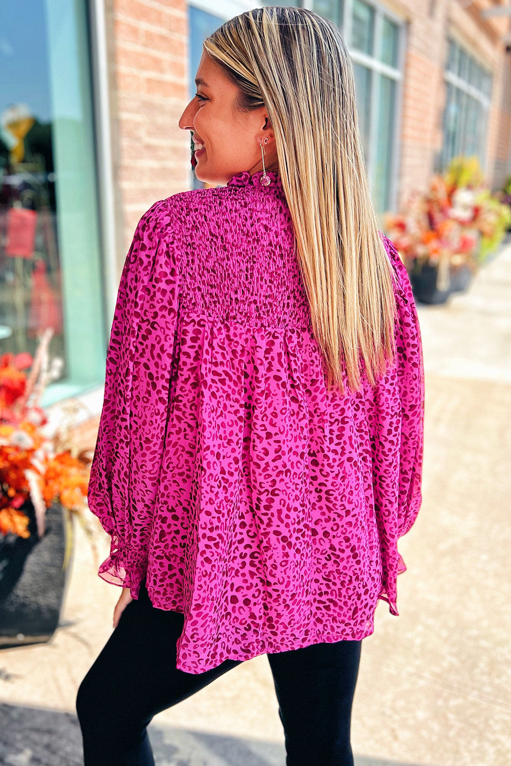 Pink Leopard Shirred Puff Sleeve Flowy Blouse