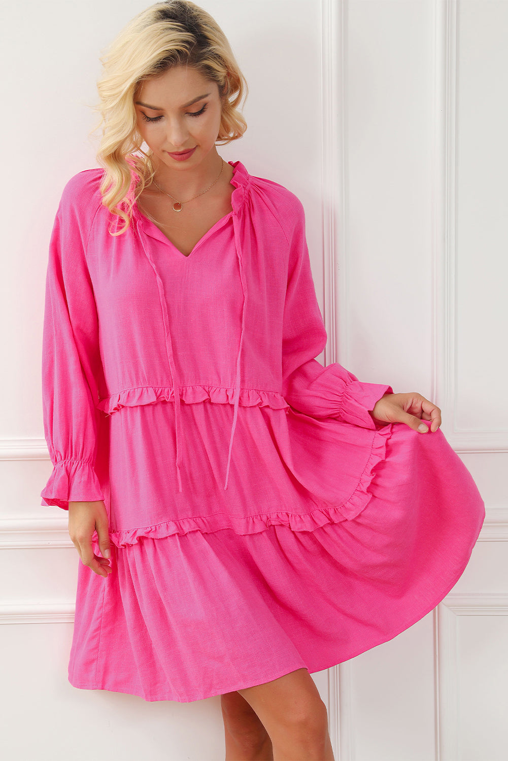 Rose Split V Neck Tiered Frill Babydoll Loose Dress