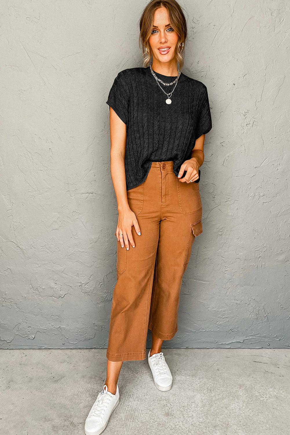 Chestnut Crew Neck Cable Knit Short Sleeve Sweater