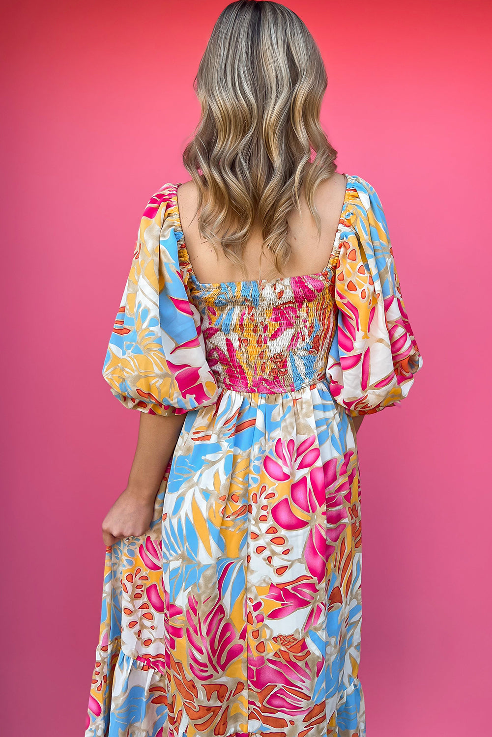 Tropical Print Smocked Bodice Puff Sleeve Maxi Dress