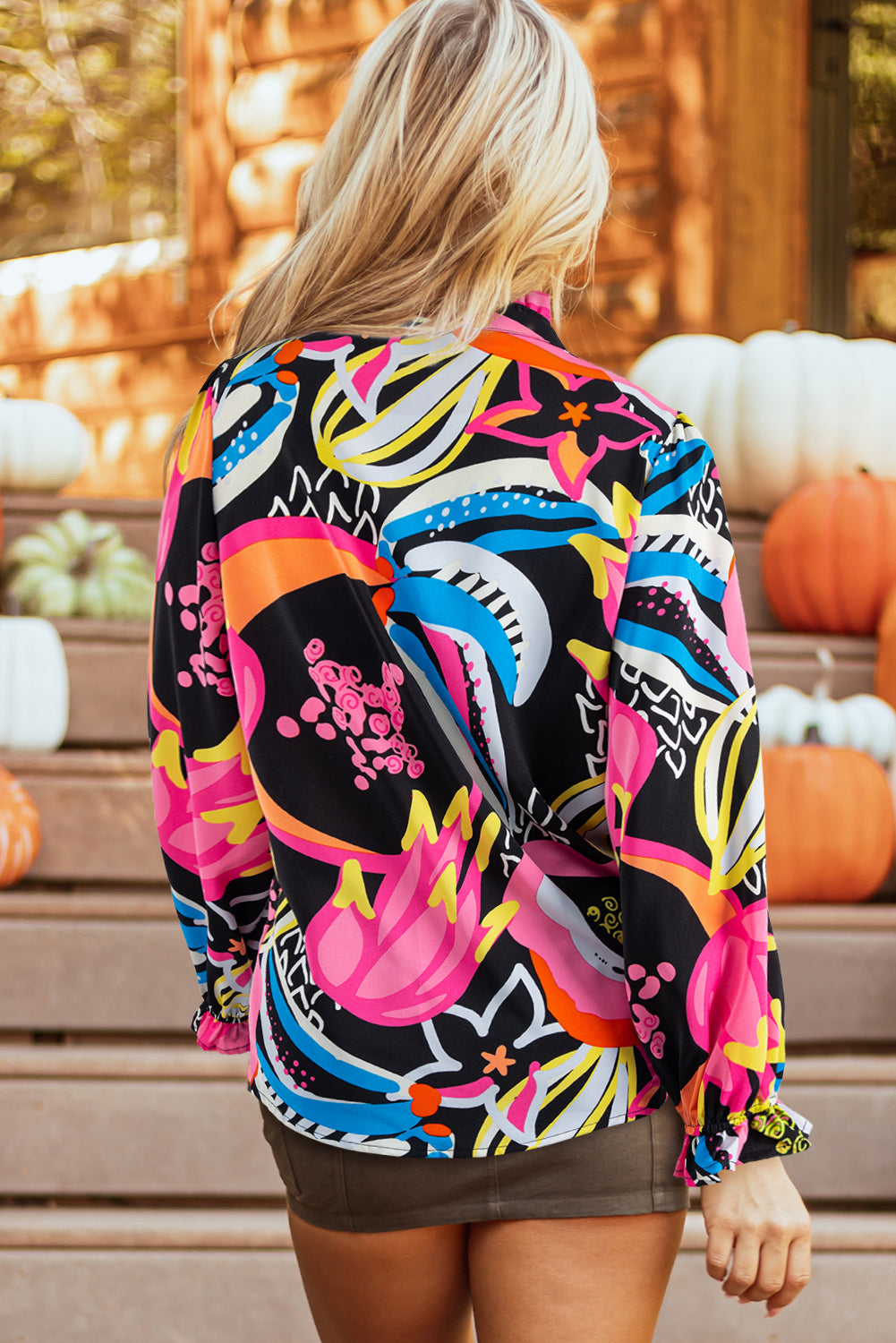 Green Abstract Print Ruffled Sleeve Buttoned V Neck Blouse