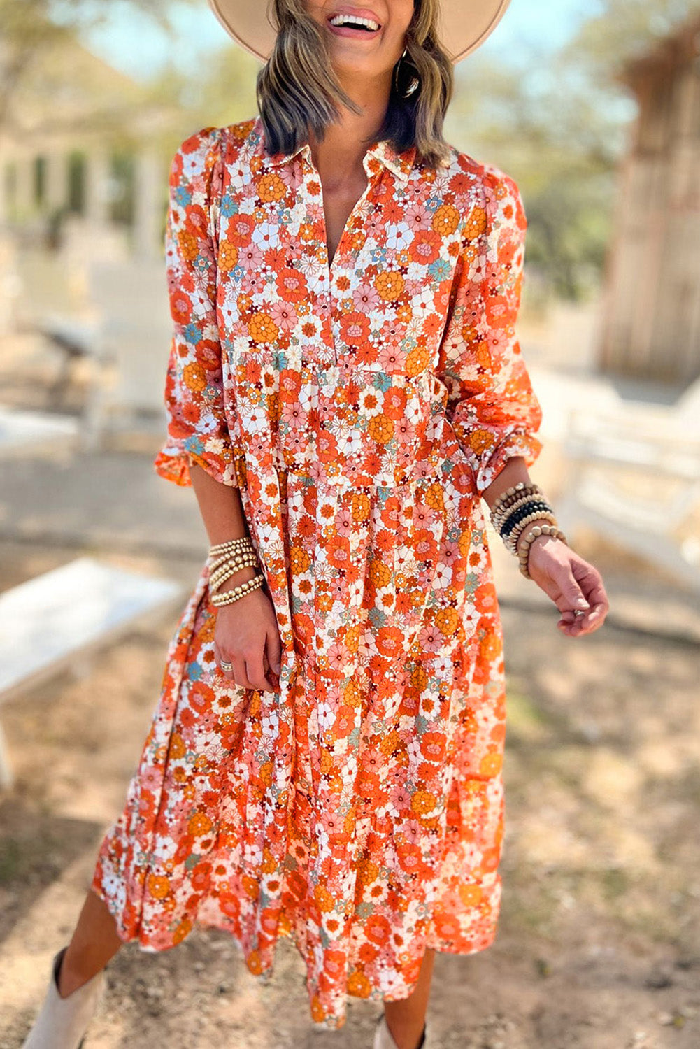 Boho Floral Collared Long Sleeve Ruffled Dress