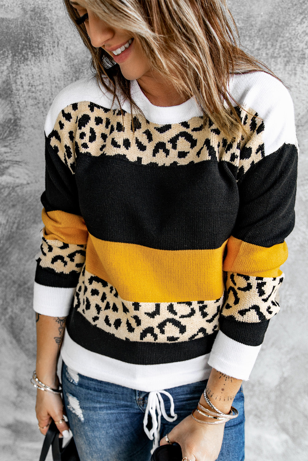 Leopard Color Block Knit Pullover Sweater