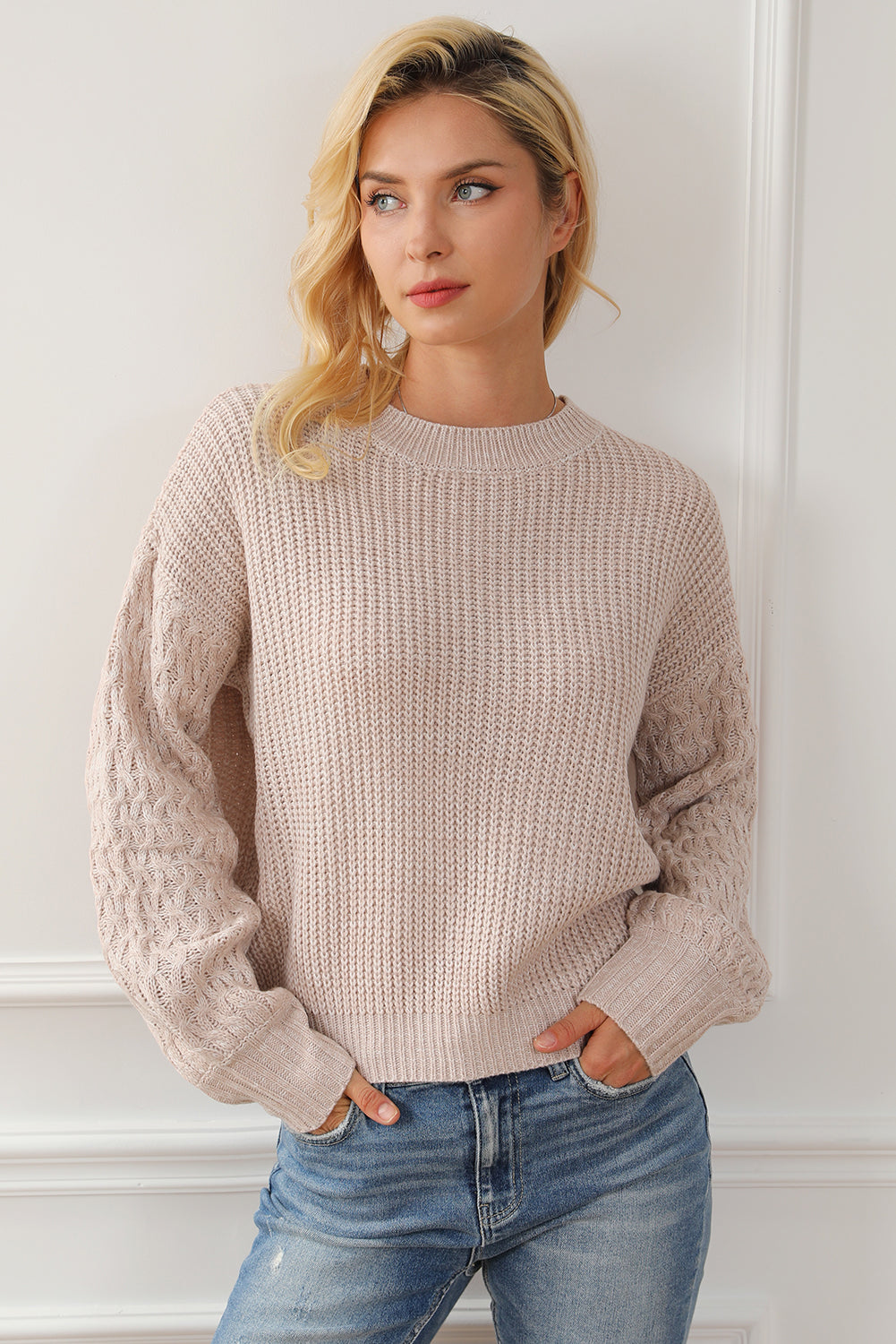 Cable Knit Sleeve Drop Shoulder Sweater