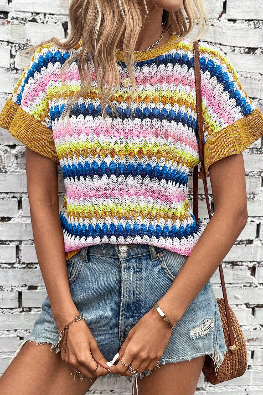 Trimmed Ruffle Sleeve Colorful Textured Sweater