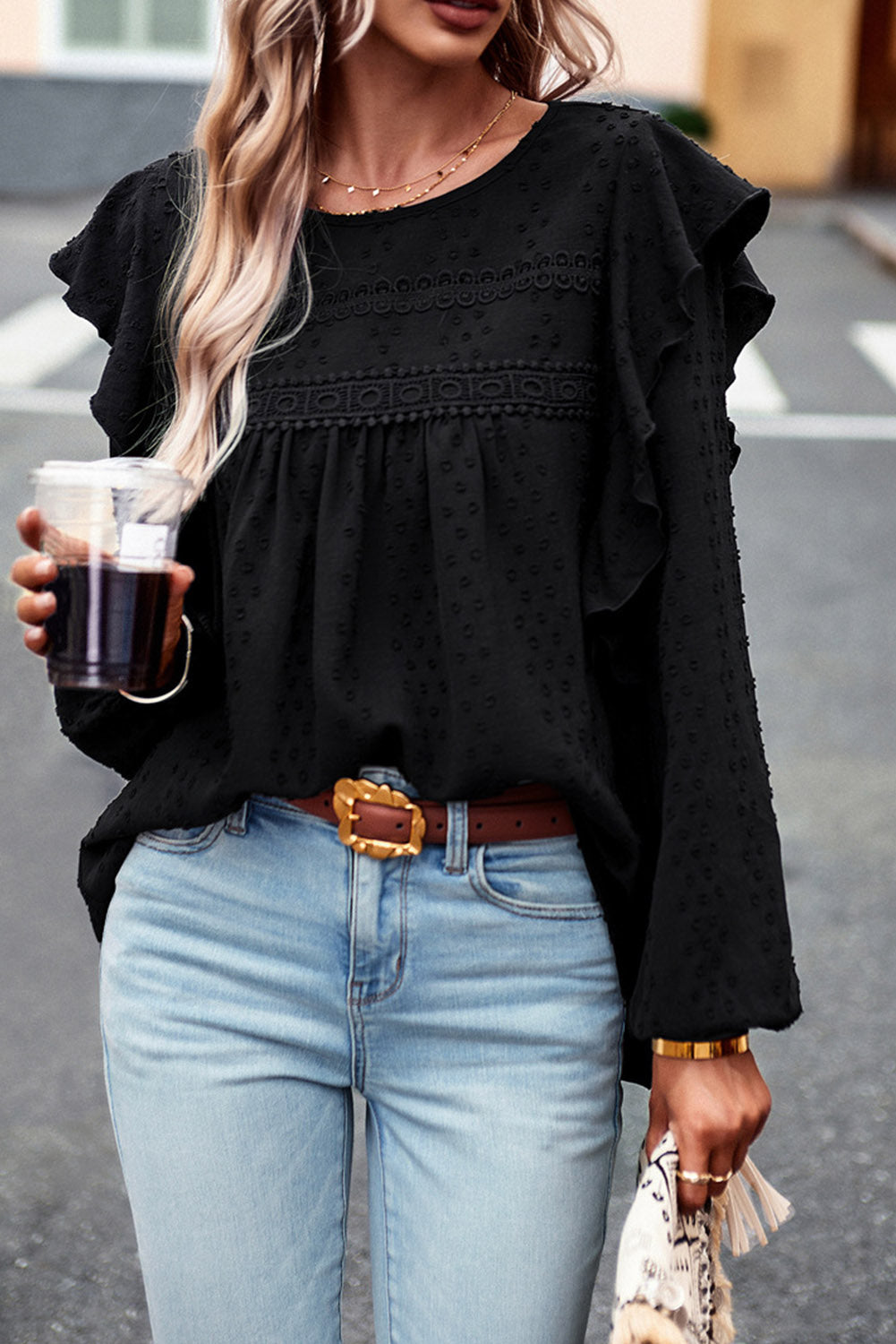 Lace Eyelet Ruffle Long Sleeve Blouse