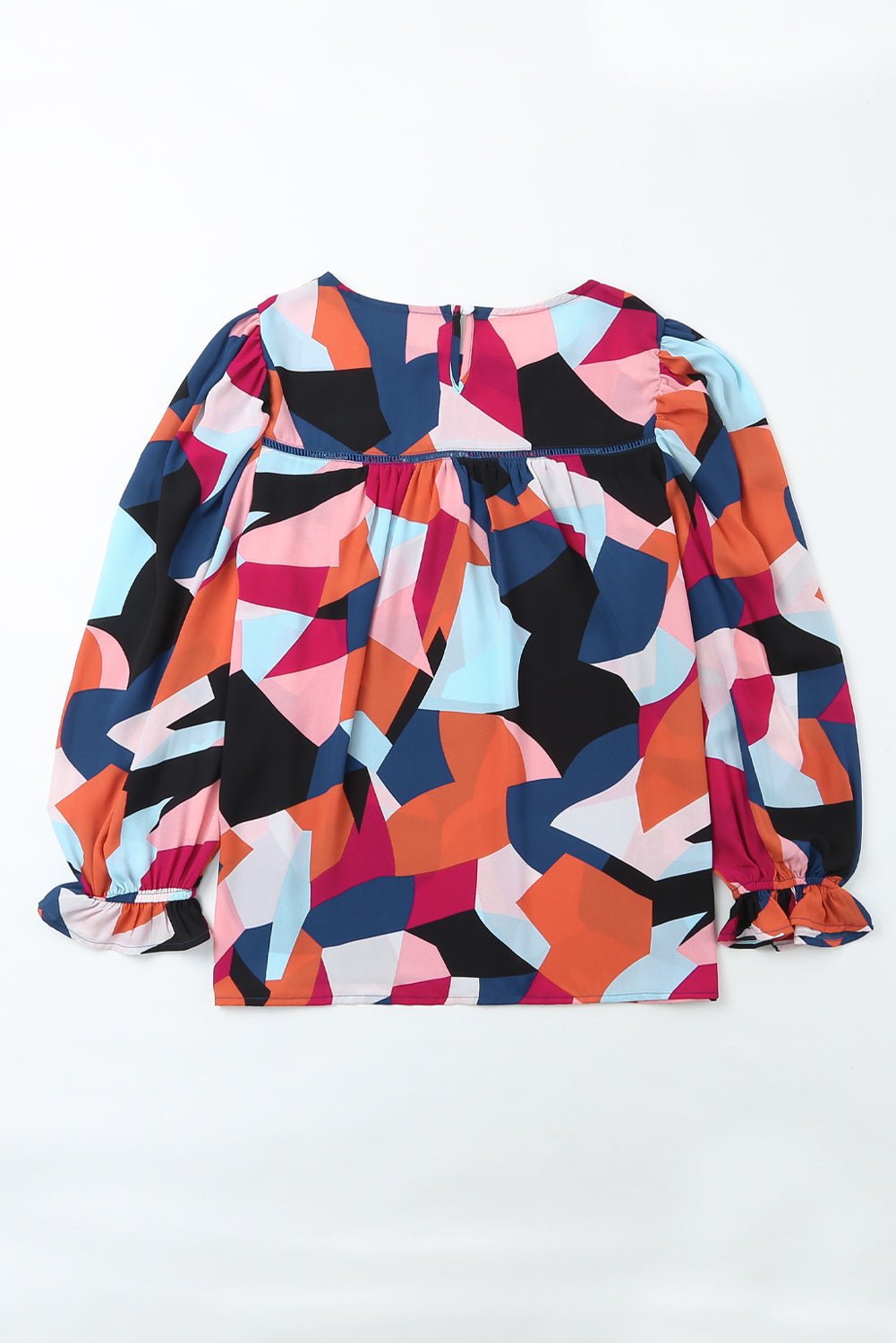 Multicolor Abstract Pattern Crewneck Ruffled Puff Sleeve Blouse