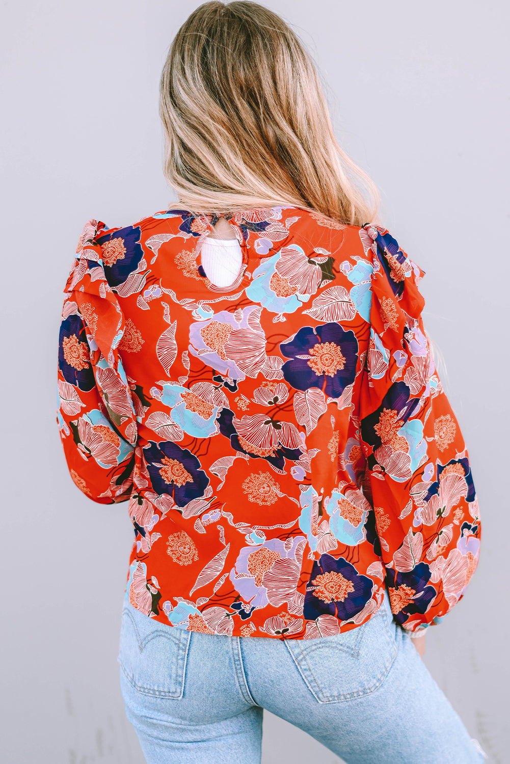 Playful Floral Print Ruffle Puff Sleeve Blouse