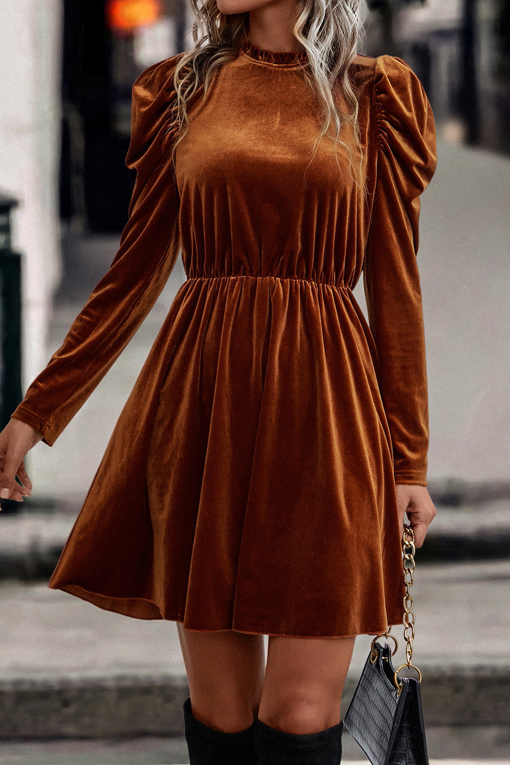 Velvet Frilled Neck Swing Dress