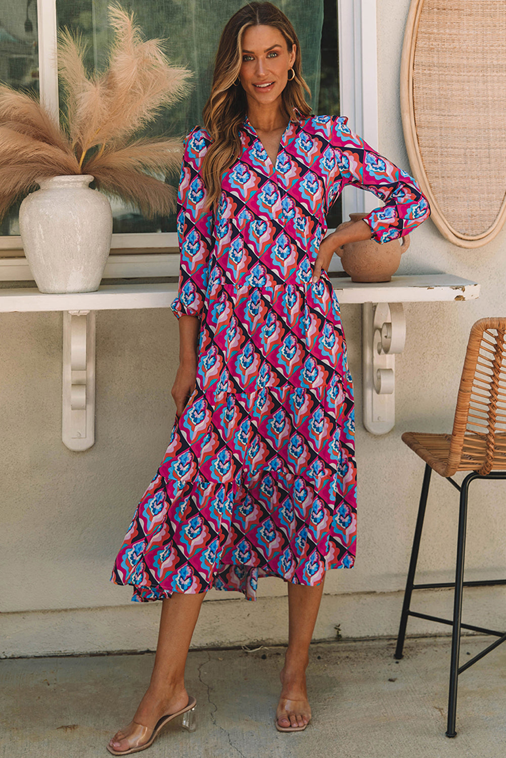 Geometric Print Long Sleeve High Waist Dress