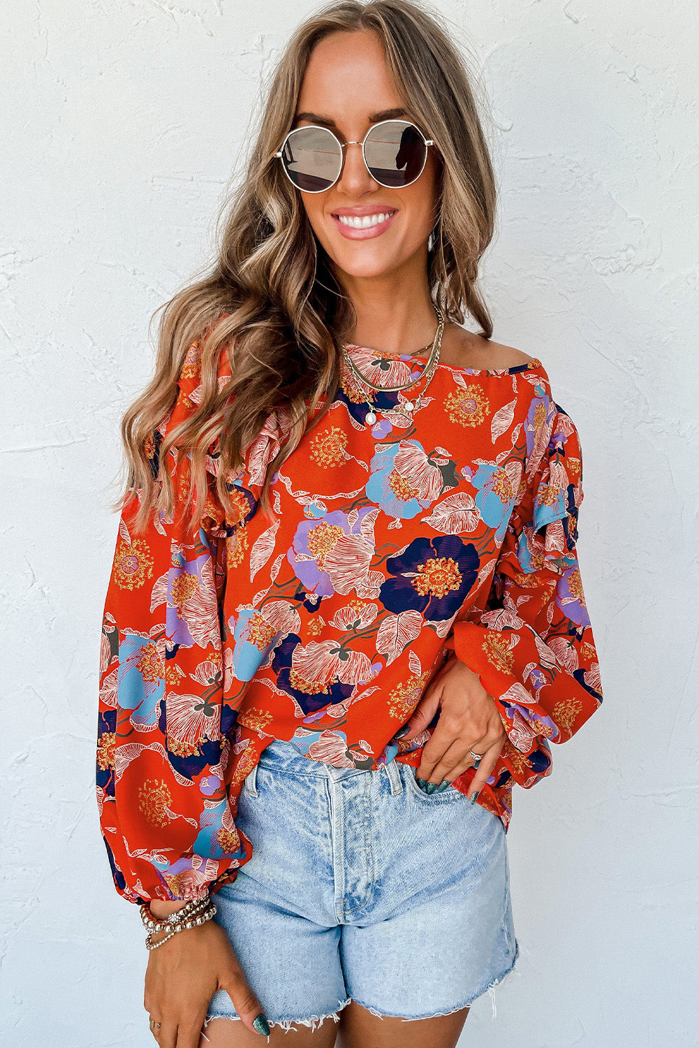 Playful Floral Print Ruffle Puff Sleeve Blouse