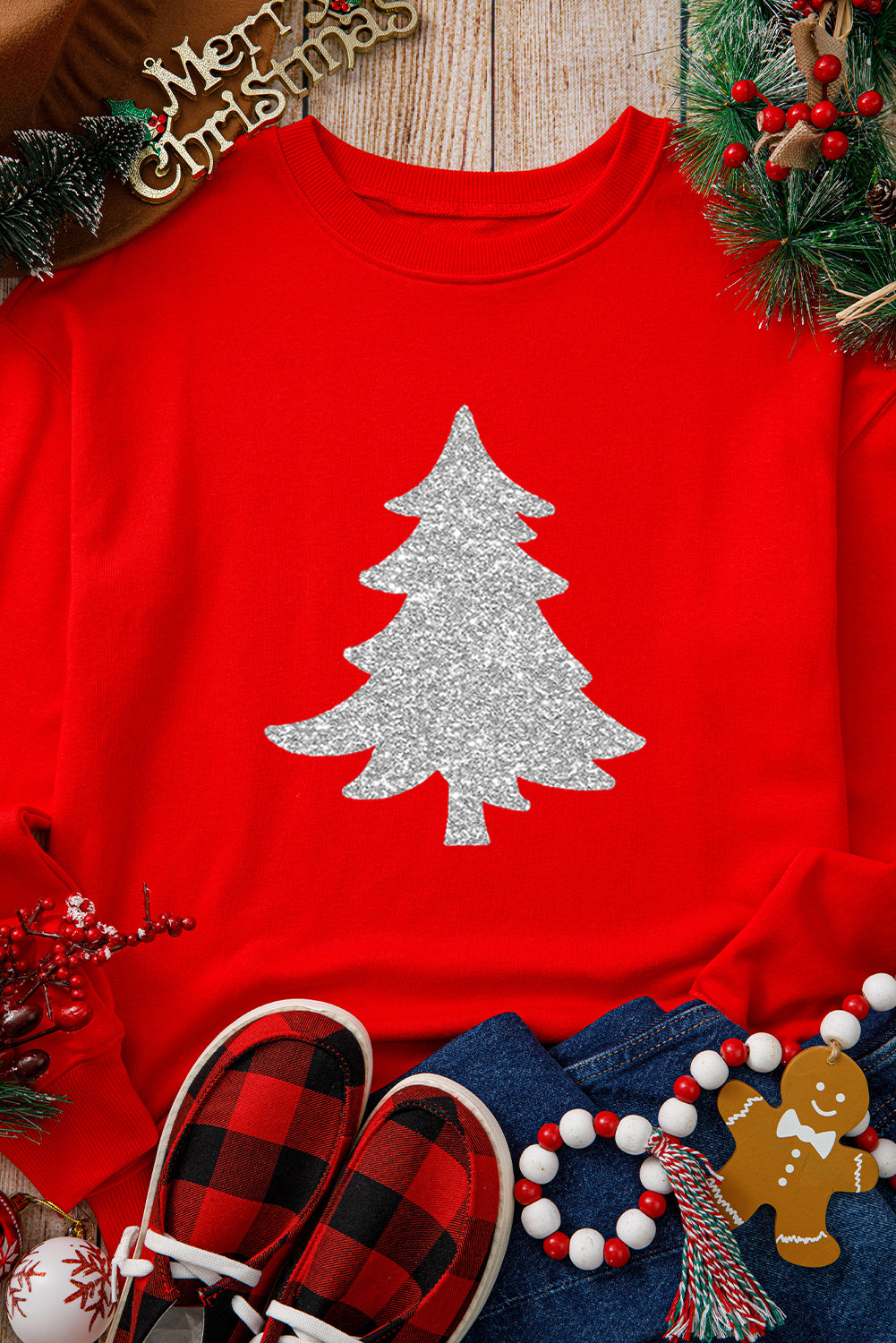 Red Silver Christmas Tree Sweatshirt