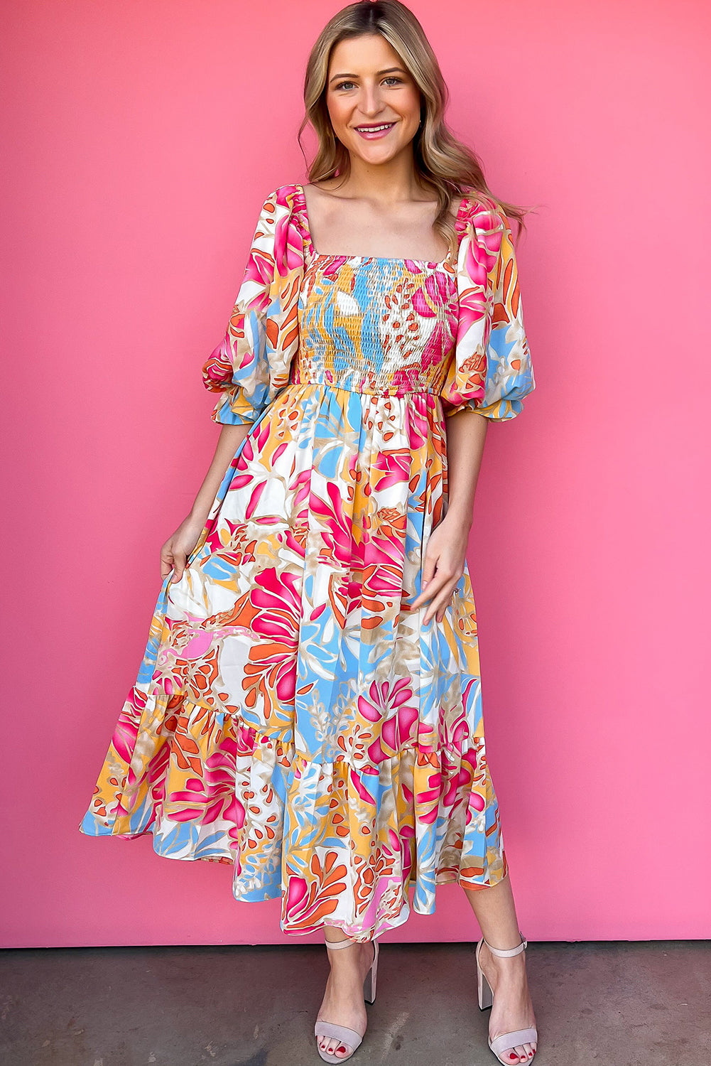 Tropical Print Smocked Bodice Puff Sleeve Maxi Dress