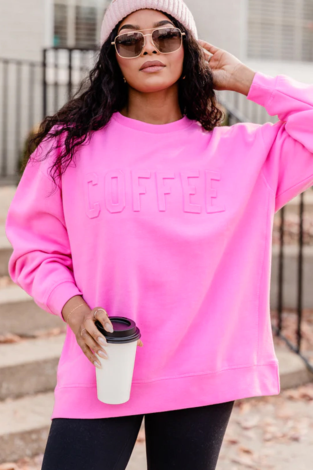 Pink COFFEE Letter Embossed Casual Sweatshirt