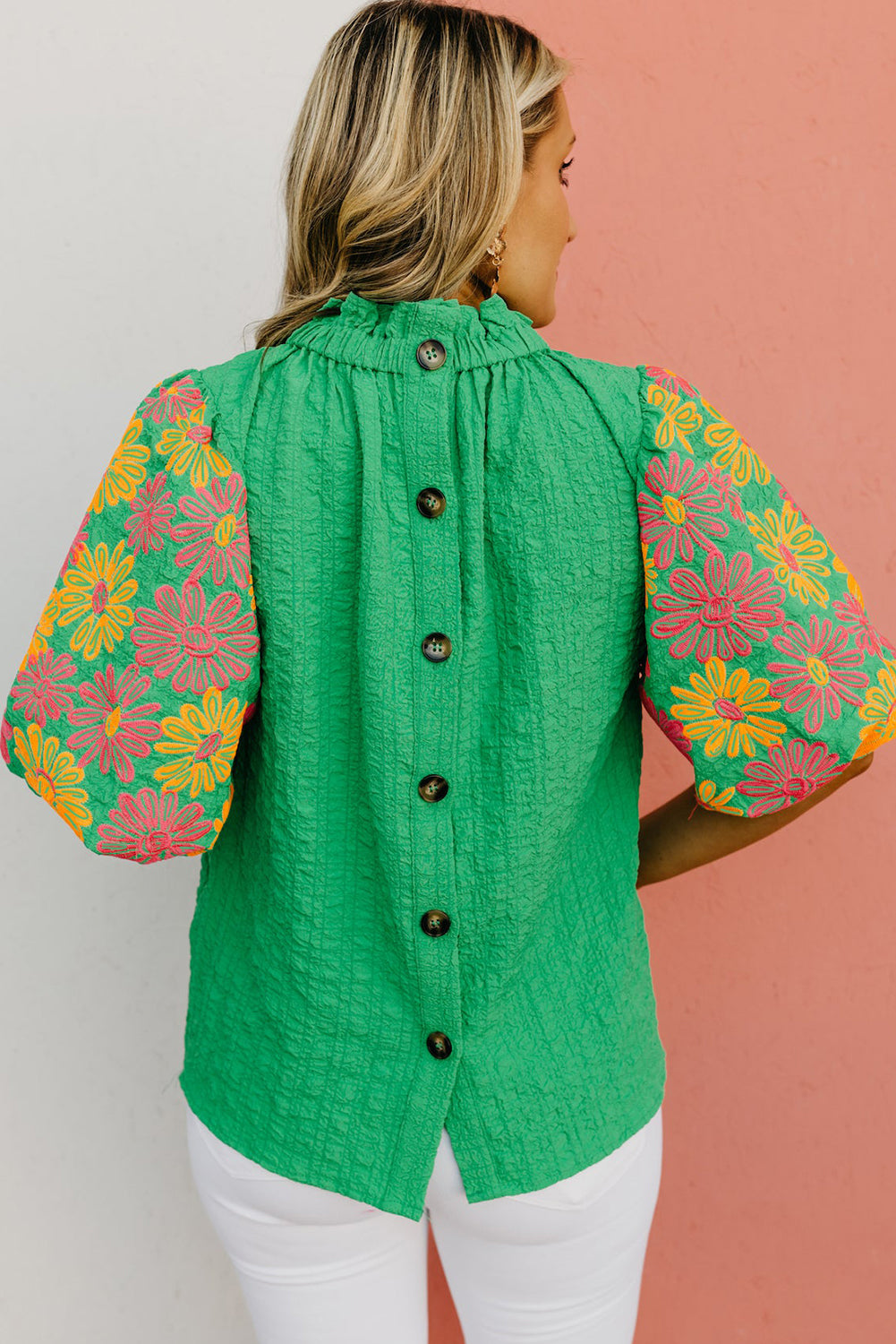 Green Floral Puff Sleeve Ruffled Collar Button Back Top