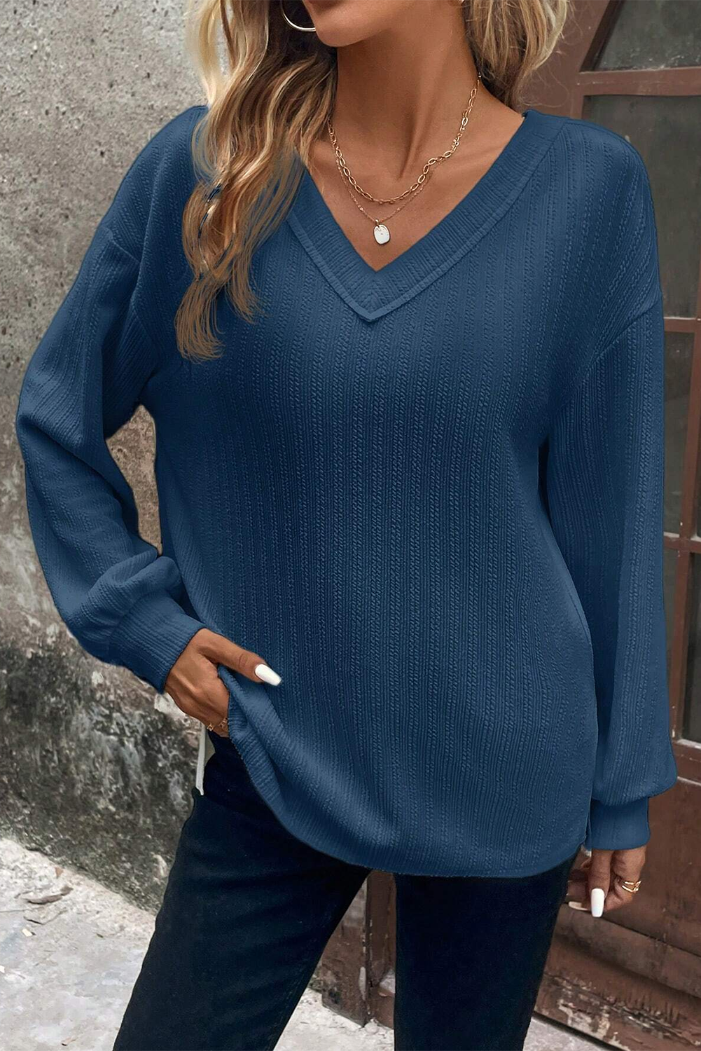 Blue V Neck Textured Long Sleeve Top